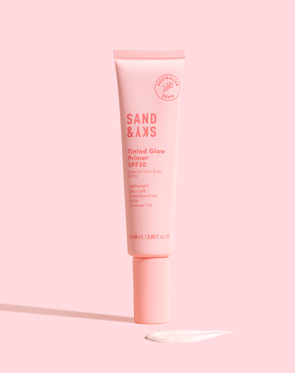Sand & Sky Tinted Glow Primer SPF30 tinted sunscreen with iron oxides hyaluronic acid and aloe vera for daily sun protection and priming