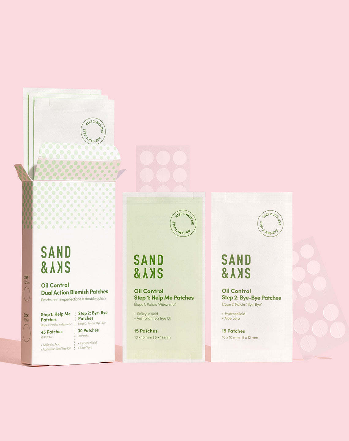 Sand & Sky Oil Control Dual Action Blemish Patches with hydrocolloid Help Me and Bye-Bye patches for pimple treatment