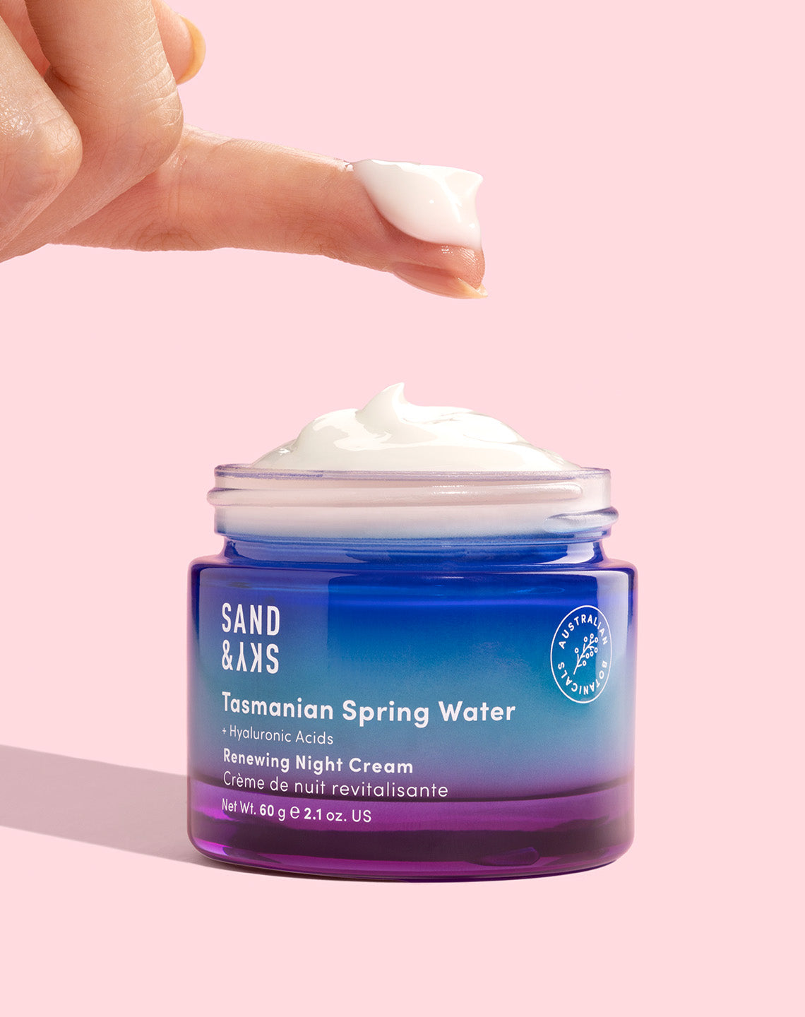 Sand & Sky Tasmanian Spring Water Renewing Night Cream with glacial glycoproteins and 3x hyaluronic acid for overnight skin renewal without retinol