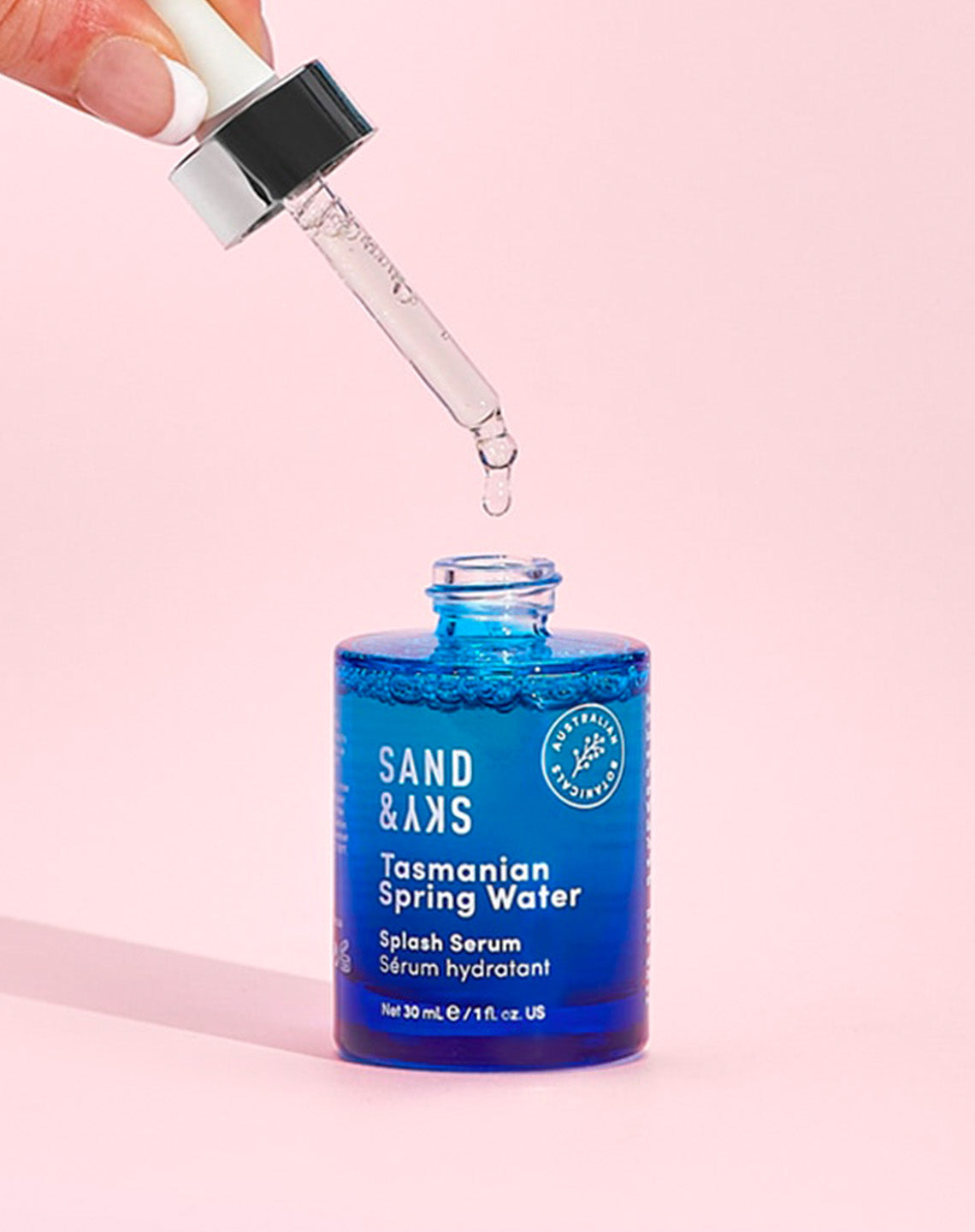 Sand & Sky Tasmanian Spring Water Splash Serum with Bifida Ferment Lysate hyaluronic acid and fermented sea kelp for hydration and barrier support