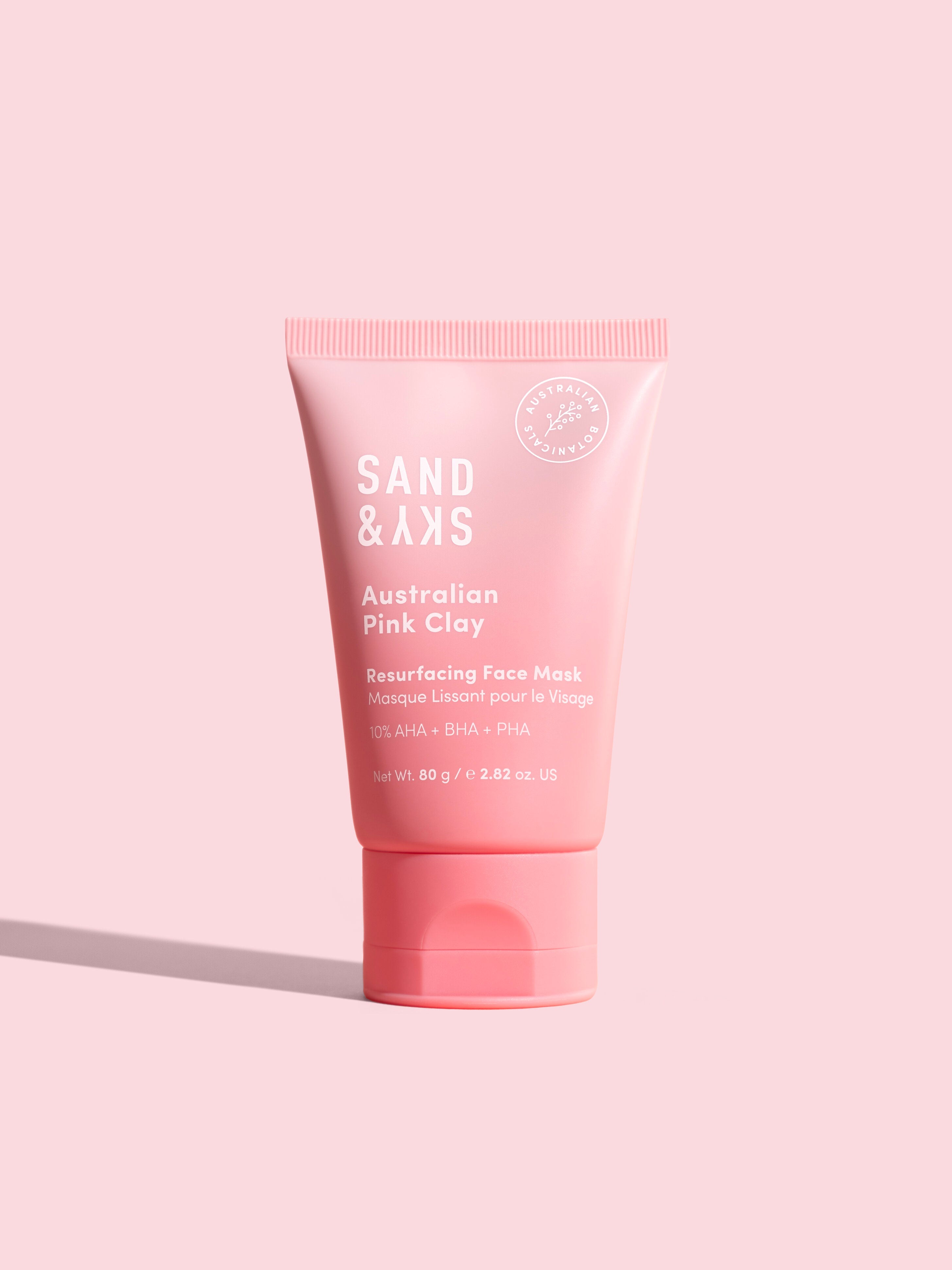 Sand & Sky Australian Pink Clay Resurfacing Mask with AHA BHA PHA multi-acid formula and marshmallow extract
